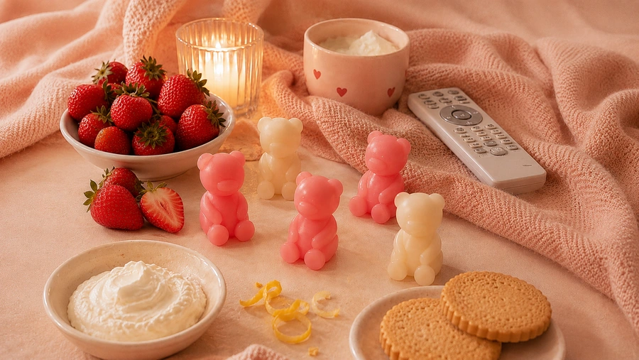 Клубника, сливочный десерт и восковые мишки Guilty Pleasure рядом с пультом